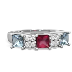 Ruby Three Stone Diamond Cluster 14K White Gold ring R2592