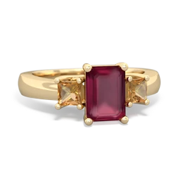 Ruby Three Stone Emerald-Cut Trellis 14K Yellow Gold ring R4021