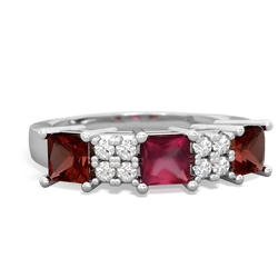 Ruby Three Stone Diamond Cluster 14K White Gold ring R2592