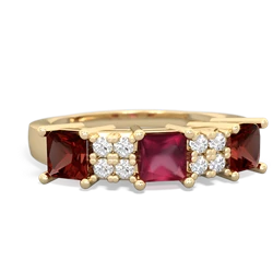 Ruby Three Stone Diamond Cluster 14K Yellow Gold ring R2592