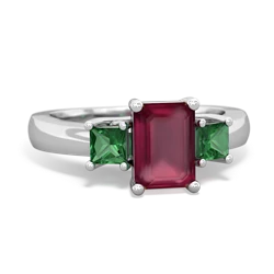 Ruby Three Stone Emerald-Cut Trellis 14K White Gold ring R4021