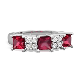 Ruby Three Stone Diamond Cluster 14K White Gold ring R2592