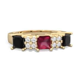 Ruby Three Stone Diamond Cluster 14K Yellow Gold ring R2592