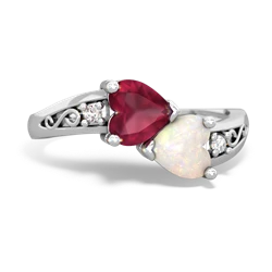 Ruby Snuggling Hearts 14K White Gold ring R2178