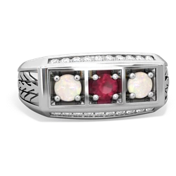 Ruby Three Stone Tire Tread Men's 14K White Gold ring R0520
