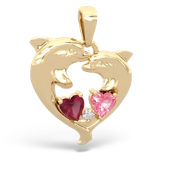 Ruby Dolphin Heart 14K Yellow Gold pendant P5820