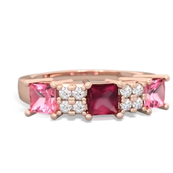 Ruby Three Stone Diamond Cluster 14K Rose Gold ring R2592