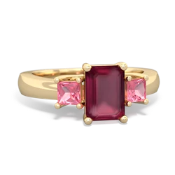 Ruby Three Stone Emerald-Cut Trellis 14K Yellow Gold ring R4021