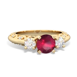 Ruby Art Deco Diamond 6Mm Round Engagment 14K Yellow Gold ring R2003