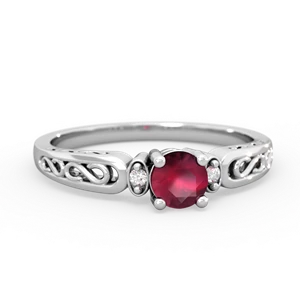Ruby Filligree Scroll Round 14K White Gold ring R0829