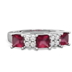 Lab Ruby Three Stone Diamond Cluster 14K White Gold ring R2592