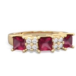 Lab Ruby Three Stone Diamond Cluster 14K Yellow Gold ring R2592