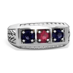 Ruby Three Stone Tire Tread Men's 14K White Gold ring R0520