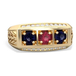 Ruby Three Stone Tire Tread Men's 14K Yellow Gold ring R0520