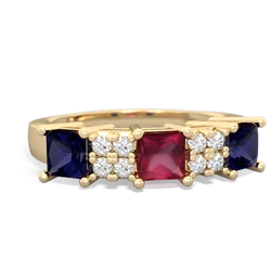 Ruby Three Stone Diamond Cluster 14K Yellow Gold ring R2592