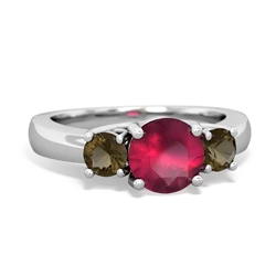 Ruby Three Stone Round Trellis 14K White Gold ring R4018