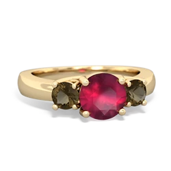 Ruby Three Stone Round Trellis 14K Yellow Gold ring R4018