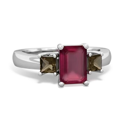 Ruby Three Stone Emerald-Cut Trellis 14K White Gold ring R4021