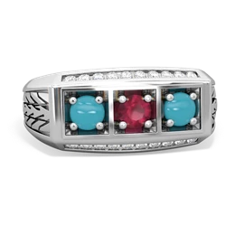 Ruby Three Stone Tire Tread Men's 14K White Gold ring R0520