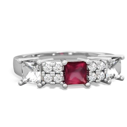 Ruby Three Stone Diamond Cluster 14K White Gold ring R2592