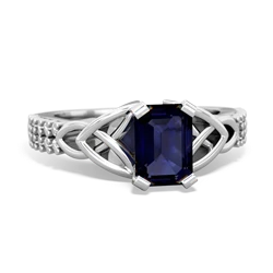 Sapphire Celtic Knot 7X5 Emerald-Cut Engagement 14K White Gold ring R26447EM