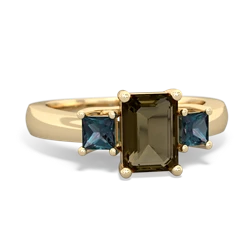 Smoky Quartz Three Stone Emerald-Cut Trellis 14K Yellow Gold ring R4021