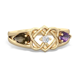 Smoky Quartz Hearts Intertwined 14K Yellow Gold ring R5880