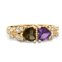 Smoky Quartz Diamond Butterflies 14K Yellow Gold ring R5601