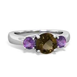 Smoky Quartz Three Stone Round Trellis 14K White Gold ring R4018