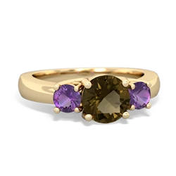 Smoky Quartz Three Stone Round Trellis 14K Yellow Gold ring R4018