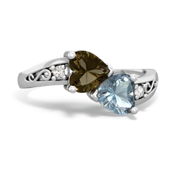 Smoky Quartz Snuggling Hearts 14K White Gold ring R2178