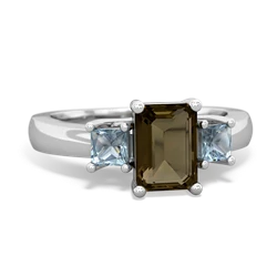 Smoky Quartz Three Stone Emerald-Cut Trellis 14K White Gold ring R4021