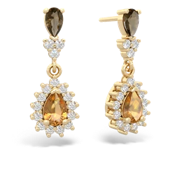Smoky Quartz Halo Pear Dangle 14K Yellow Gold earrings E1882