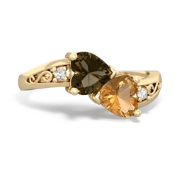 Smoky Quartz Snuggling Hearts 14K Yellow Gold ring R2178