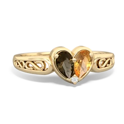 Smoky Quartz Filligree 'One Heart' 14K Yellow Gold ring R5070