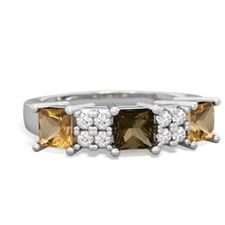 Smoky Quartz Three Stone Diamond Cluster 14K White Gold ring R2592