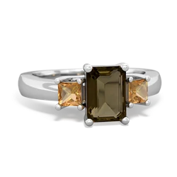 Smoky Quartz Three Stone Emerald-Cut Trellis 14K White Gold ring R4021