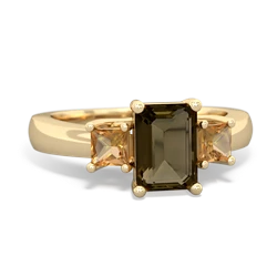 Smoky Quartz Three Stone Emerald-Cut Trellis 14K Yellow Gold ring R4021