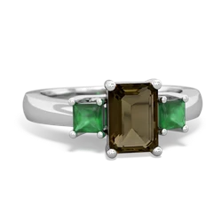 Smoky Quartz Three Stone Emerald-Cut Trellis 14K White Gold ring R4021