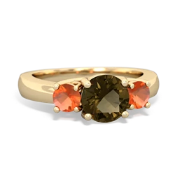 Smoky Quartz Three Stone Round Trellis 14K Yellow Gold ring R4018