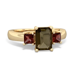 Smoky Quartz Three Stone Emerald-Cut Trellis 14K Yellow Gold ring R4021