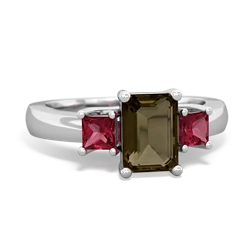 Smoky Quartz Three Stone Emerald-Cut Trellis 14K White Gold ring R4021