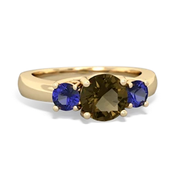 Smoky Quartz Three Stone Round Trellis 14K Yellow Gold ring R4018