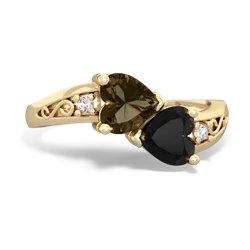 Smoky Quartz Snuggling Hearts 14K Yellow Gold ring R2178