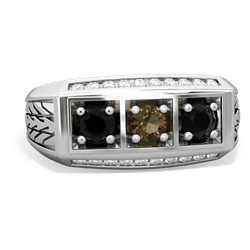 Smoky Quartz Three Stone Tire Tread Men's 14K White Gold ring R0520