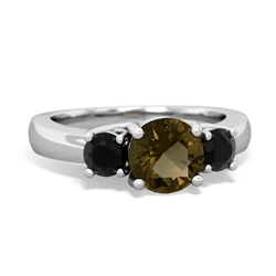 Smoky Quartz Three Stone Round Trellis 14K White Gold ring R4018