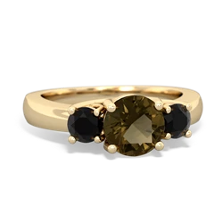 Smoky Quartz Three Stone Round Trellis 14K Yellow Gold ring R4018