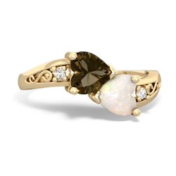 Smoky Quartz Snuggling Hearts 14K Yellow Gold ring R2178