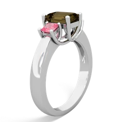 Smoky Quartz Three Stone Emerald-Cut Trellis 14K White Gold ring R4021