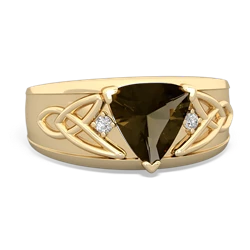 Smoky Quartz Celtic Trinity Knot Men's 14K Yellow Gold ring R0440